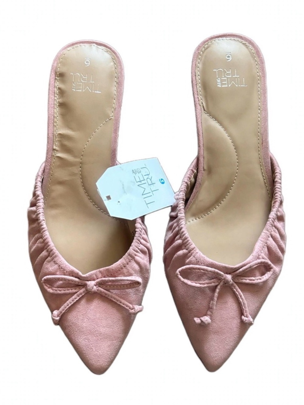 NWT Time and Tru Pink Faux Suede Kitten Heel Mules Bow Pointed Toe Size 6